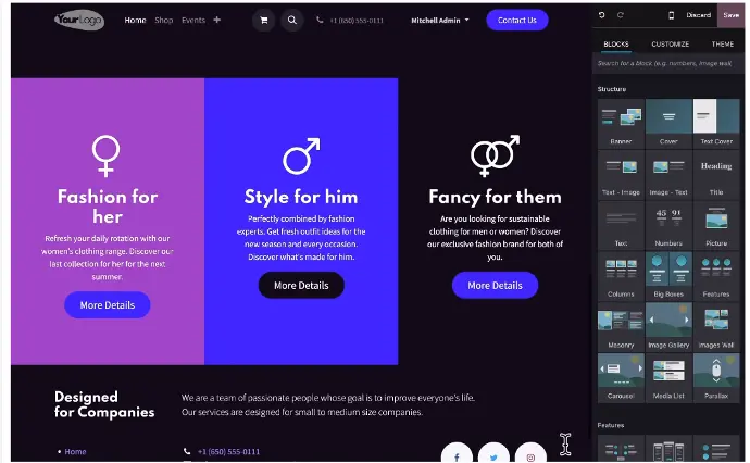 A clothing website design template showing sections for fashion for her, style for him, and fancy for them, with customization tools on the right.